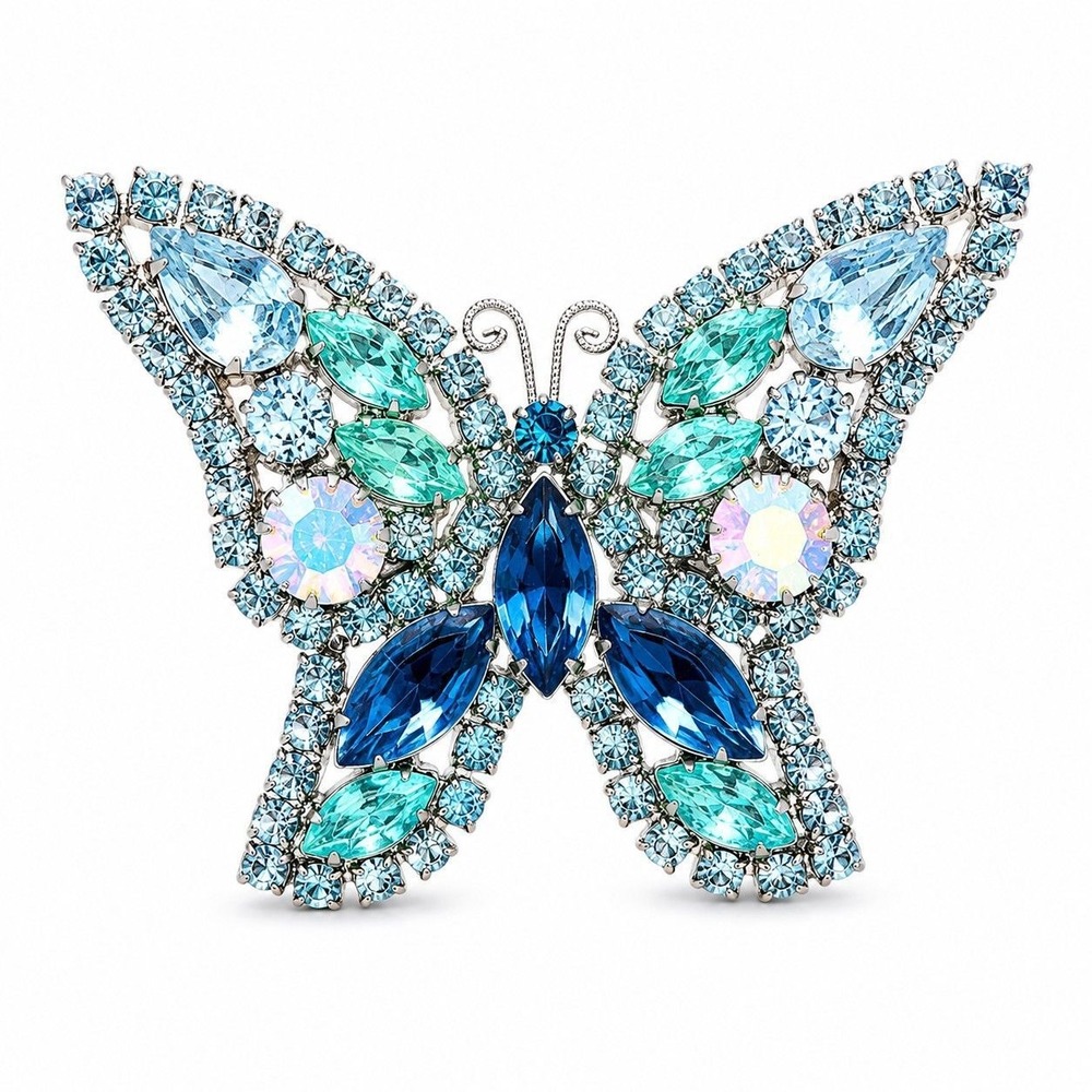 Vintage Weiss Butterfly Brooch Blue Rhinestone Silver Tone Crystal Pin
